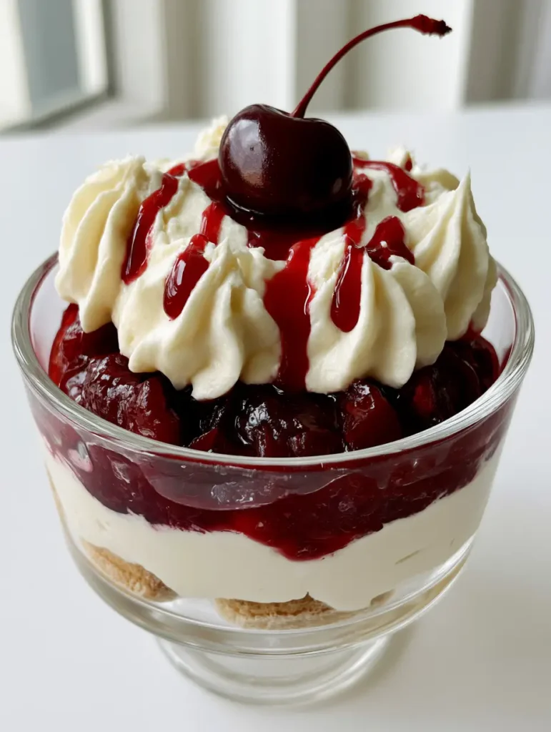 Side view of Cherry Amaretto Tiramisu served in a clear glass dish showing the espresso-soaked base.