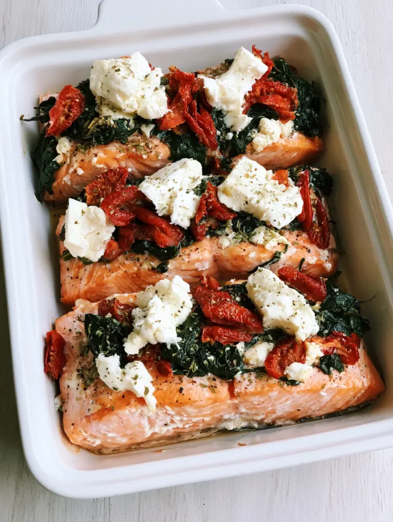 Overhead view of a white ceramic baking dish containing three thick Mediterranean Baked Salmon fillets with vibrant green spinach and red tomatoes.