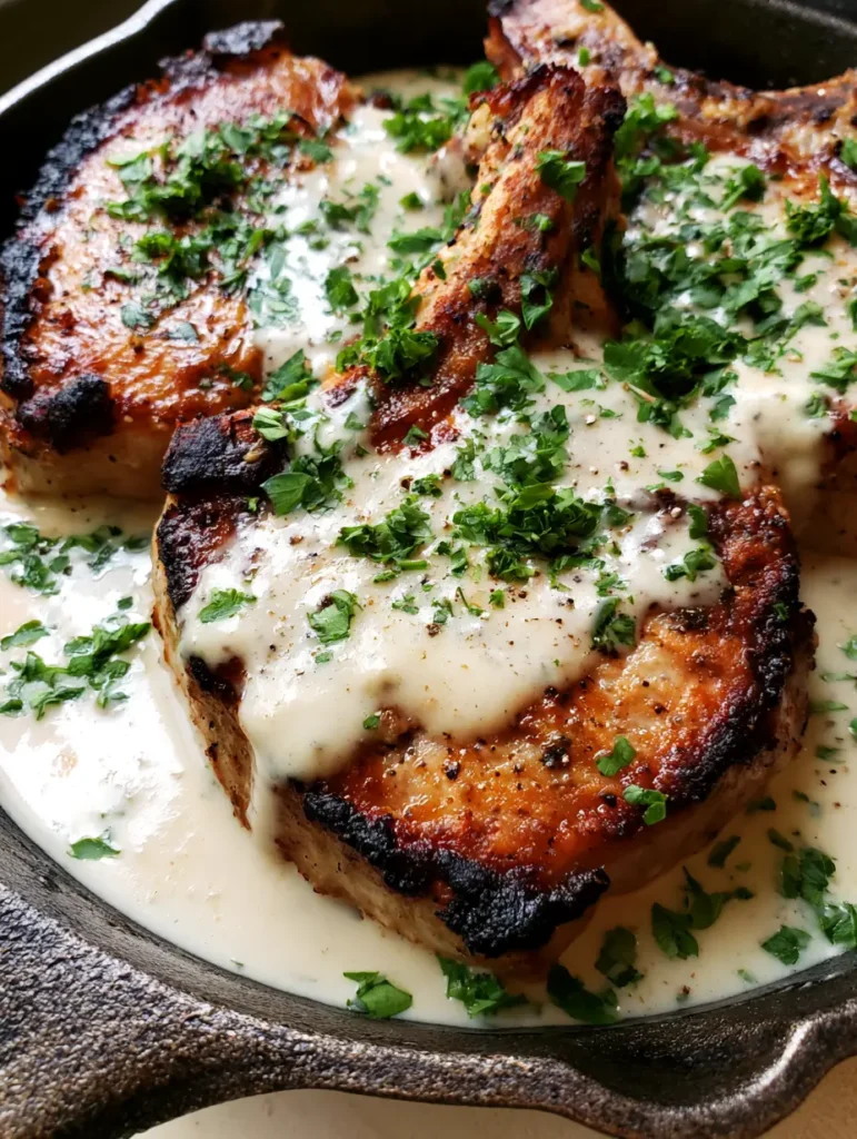 Creamy Garlic Pork Chops with a Golden Pan-Seared Crust 1 Overhead shot of thick-cut pork chops pooling in a white garlic cream sauce with black pepper. (Creamy Garlic Pork Chops)
