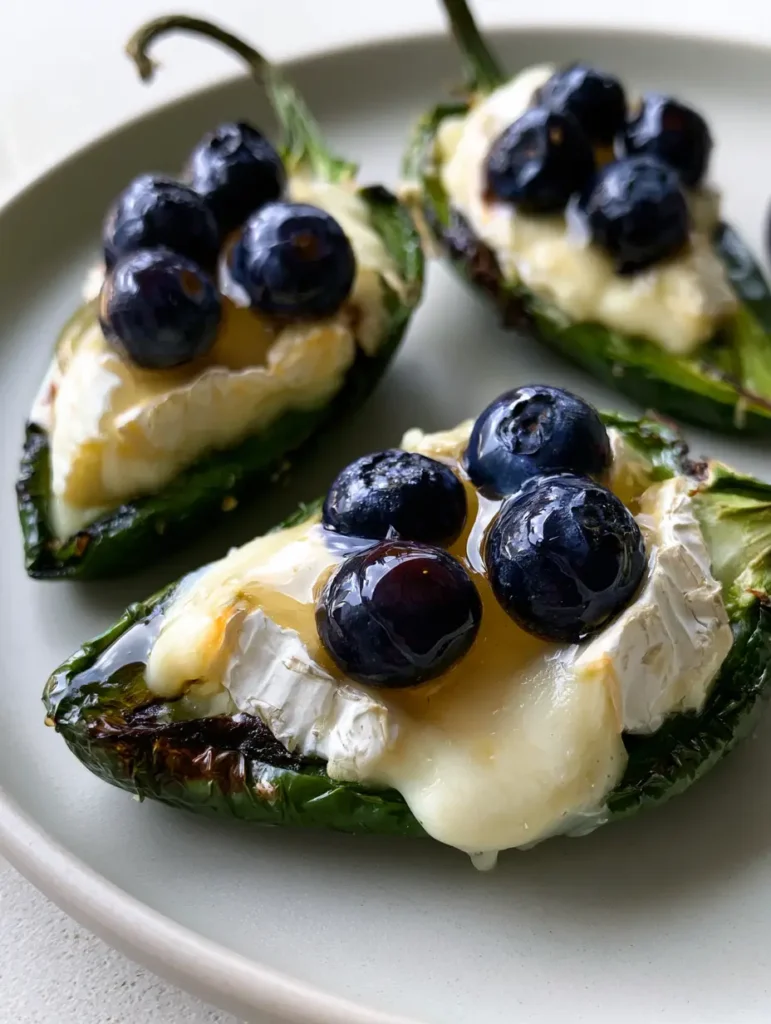 A light grey plate holding several Blueberry Brie Jalapeño Poppers with a shiny honey drizzle and sea salt.