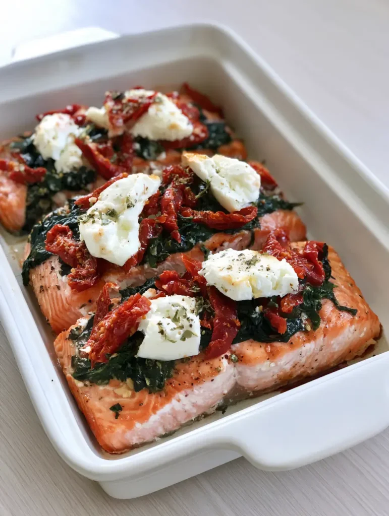 Mediterranean Baked Salmon with Sun-Dried Tomatoes and Feta 1 Close up shot of Mediterranean Baked Salmon showing flaky pink layers and softened feta cheese chunks on top.