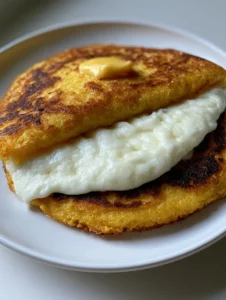 A golden-yellow Venezuelan Sweet Corn Cachapa with charred spots on a white ceramic plate.