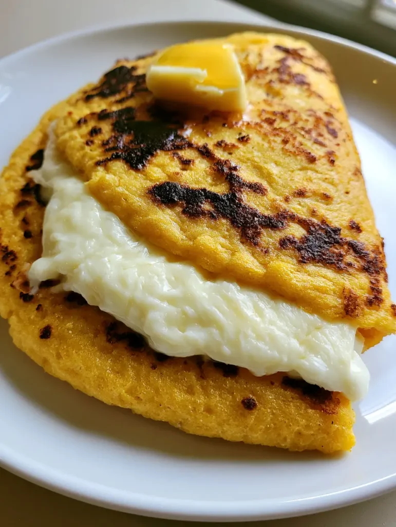 Thick-cut mozzarella oozing from the edges of a griddled sweet corn pancake.