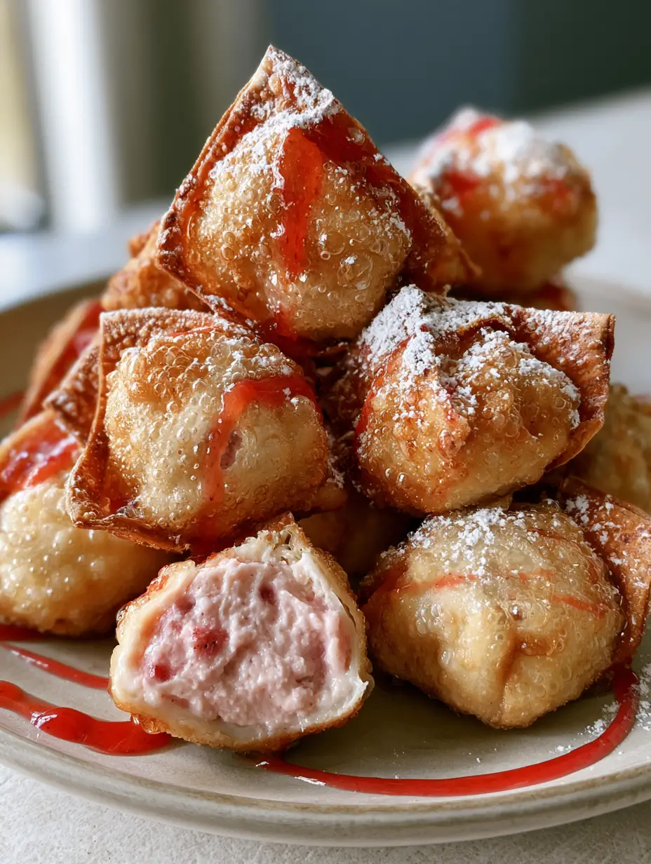 Handheld photo of a pile of crispy Strawberry Cheesecake Wontons on a ceramic plate with a sliced wonton showing pink filling.