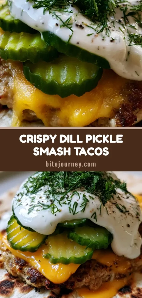 A handheld close-up of Dill Pickle Ranch Smash Chicken Tacos with melted cheddar, crinkle-cut pickles, and ranch drizzle.