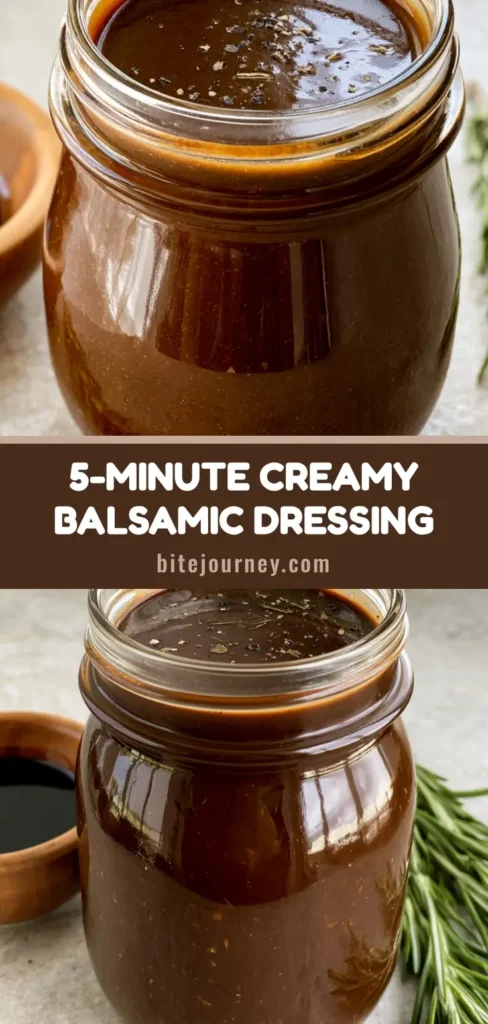 A thick, dark mahogany Creamy Balsamic Dressing Recipe in a glass mason jar with fine flecks of herbs. (Creamy Balsamic Dressing Recipe)
