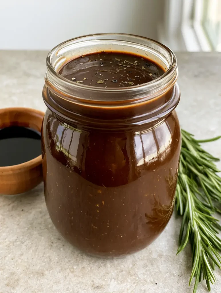A smooth, velvety Creamy Balsamic Dressing Recipe inside a glass jar on a grey countertop. (Creamy Balsamic Dressing Recipe)