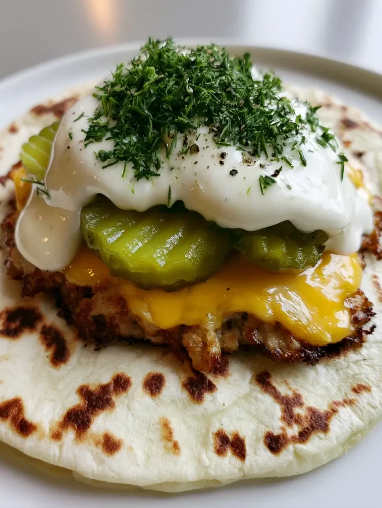 A close-up of Dill Pickle Ranch Smash Chicken Tacos highlighting the melted yellow cheddar and fresh dill garnish.