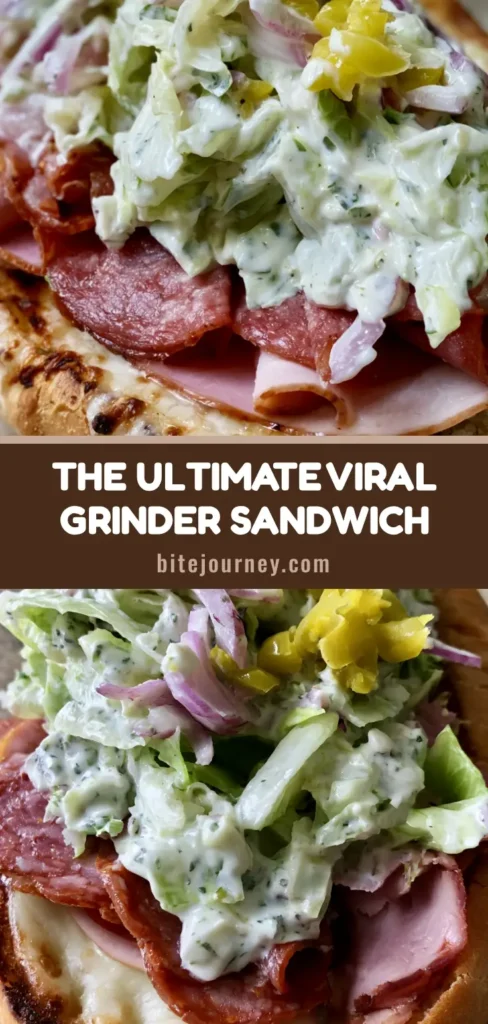 A handheld Italian Grinder Salad Sandwich with a crusty roll, melted provolone cheese, and a massive pile of creamy herb-dressed lettuce. (Italian Grinder Salad Sandwich)