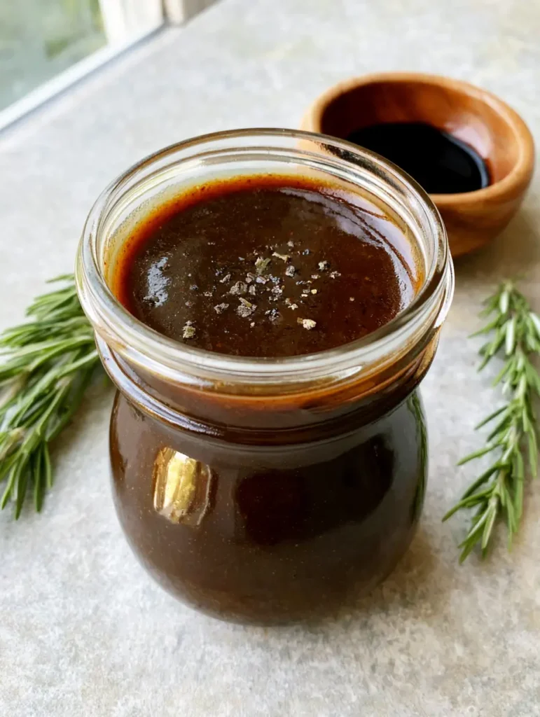 Overhead view of a glass mason jar filled with thick balsamic dressing and a rosemary sprig.