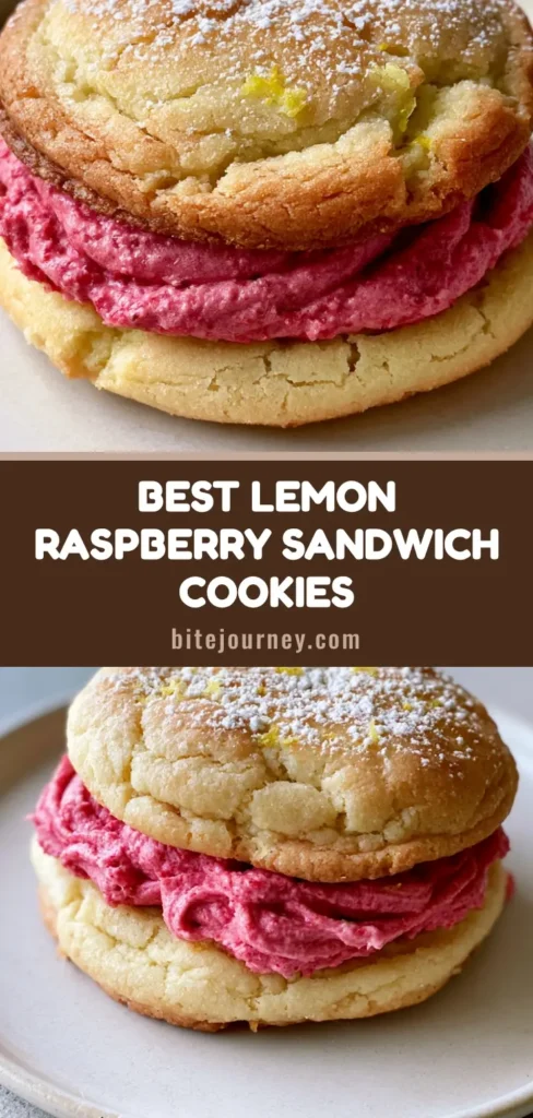 Lemon Raspberry Cookies: Soft Sandwich Cookies with Pink Buttercream 3 A stack of Lemon Raspberry Cookies sandwiching thick pink buttercream frosting with golden edges and powdered sugar dusting.