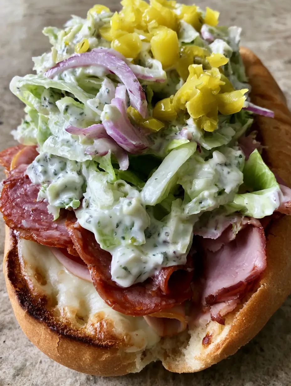 Close-up handheld smartphone photo of an Italian Grinder Salad Sandwich showing melted cheese and layers of deli meat. (Italian Grinder Salad Sandwich)