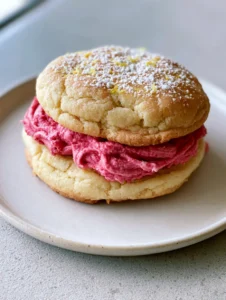 Top-down view of two soft lemon-infused sugar cookies with pink raspberry buttercream and lemon zest. (Lemon Raspberry Cookies)