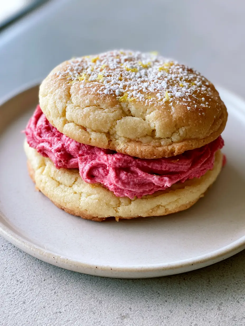 Top-down view of two soft lemon-infused sugar cookies with pink raspberry buttercream and lemon zest. (Lemon Raspberry Cookies)