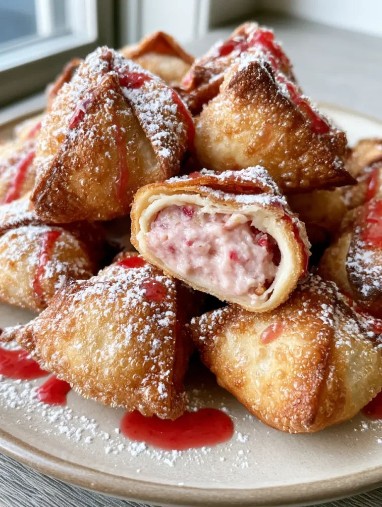 Close up of deep-fried wontons with golden-brown crust, powdered sugar, and strawberry glaze drizzle.