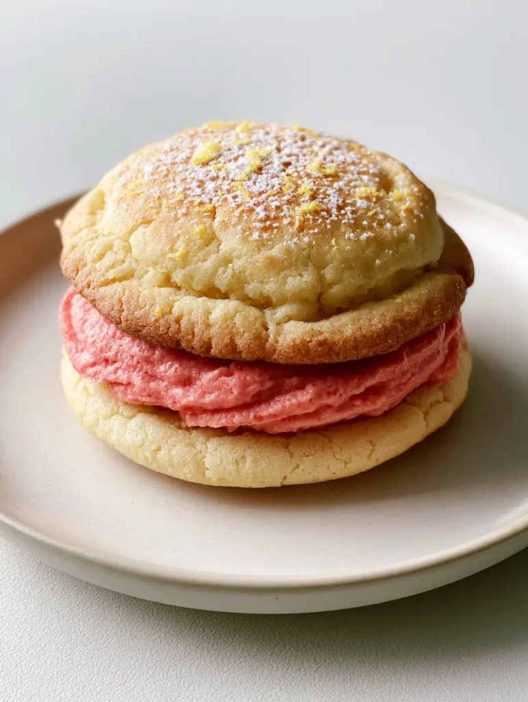 Lemon Raspberry Cookies: Soft Sandwich Cookies with Pink Buttercream 1 Close up of the texture of Lemon Raspberry Cookies showing the golden-brown edges and thick raspberry buttercream.