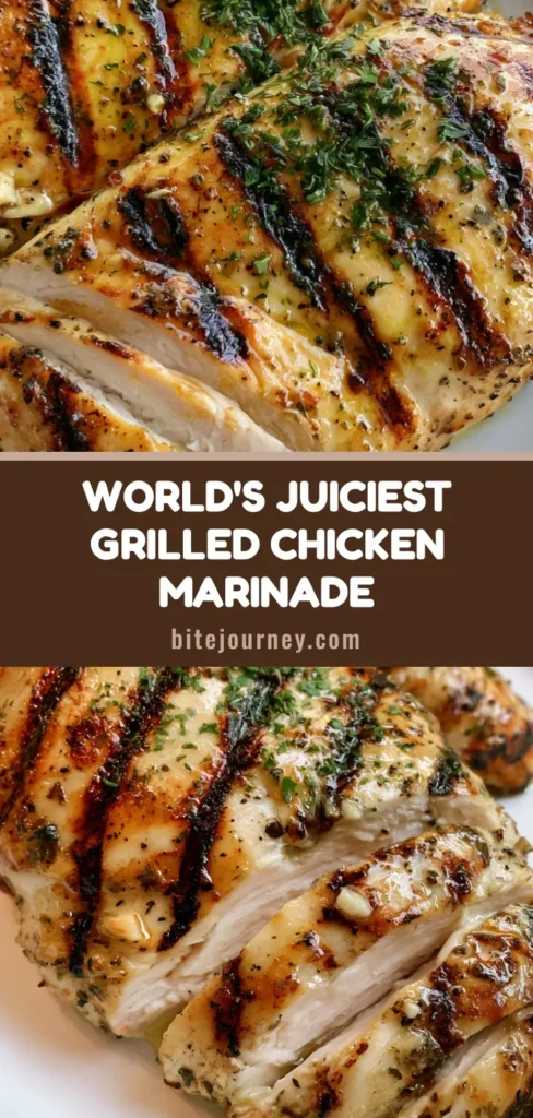 Sliced grilled chicken breasts with dark grill char marks, minced garlic, and fresh parsley on a white plate. (Grilled Chicken Marinade)