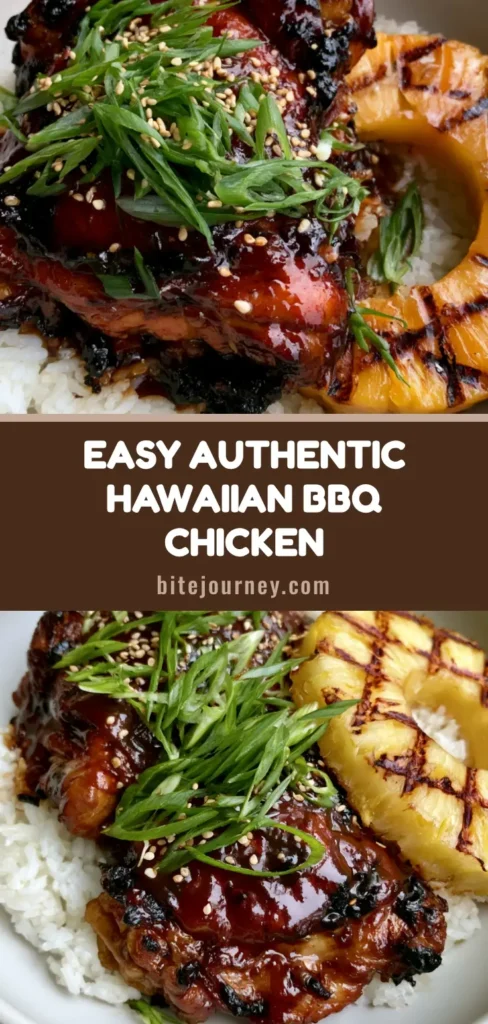A close up of Hawaiian Huli Huli Chicken with a glossy mahogany glaze over jasmine rice and a grilled pineapple ring. (Huli Huli Chicken)