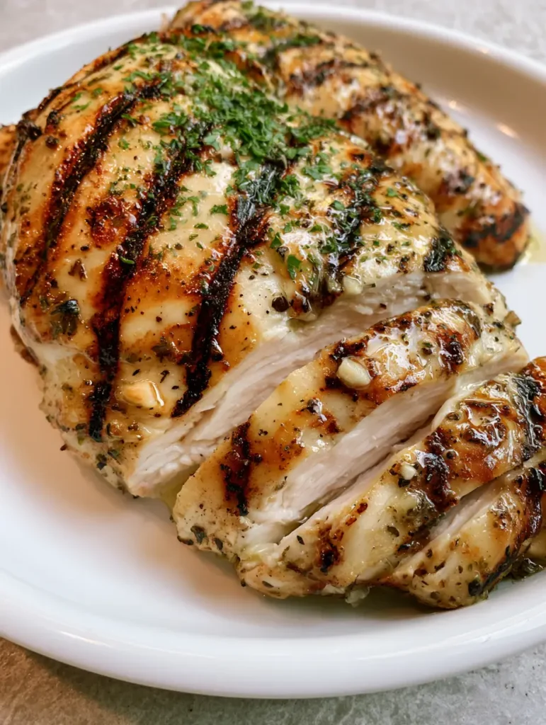 Smartphone photo of sliced grilled chicken with a golden brown marinade glaze and herb flecks. (Grilled Chicken Marinade)