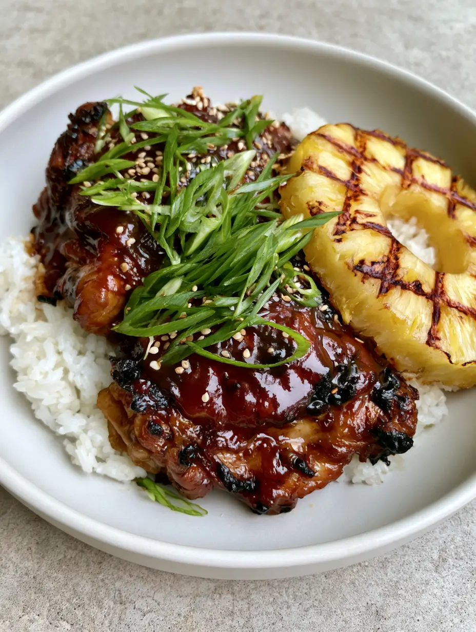 Overhead view of Huli Huli Chicken thighs with charred edges, scallions, and sesame seeds in a white bowl. (Huli Huli Chicken)