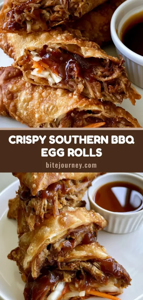 A stack of golden-brown BBQ Pulled Pork Egg Rolls sliced diagonally to show the mahogany BBQ pork filling and crunchy cabbage.