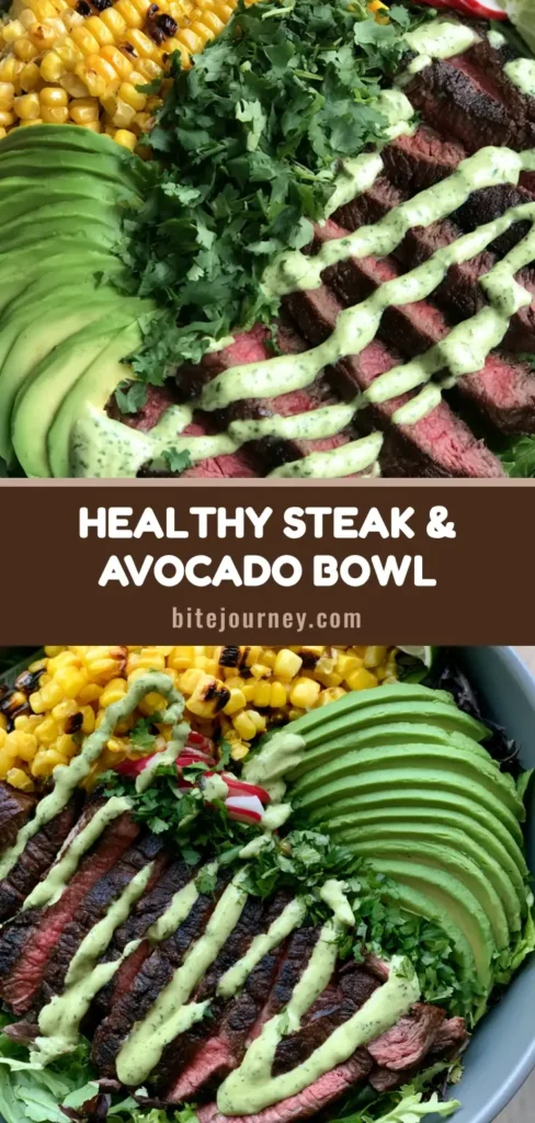 A professional Steak and Avocado Bowl featuring seared steak, charred corn, and cilantro lime cream in a grey ceramic bowl.