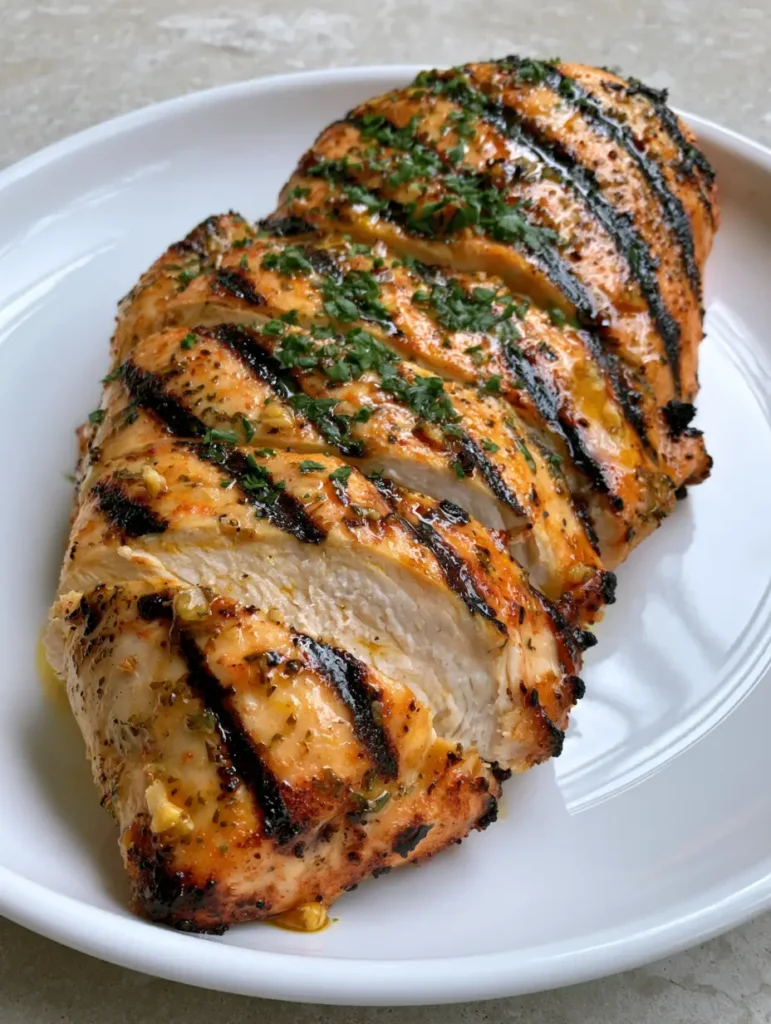 Close up of grilled chicken breast showing tiny bits of minced garlic and cracked black pepper.