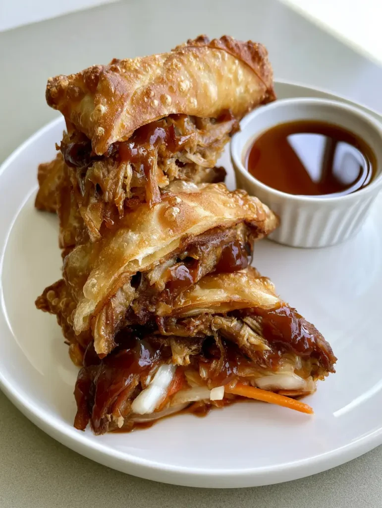 Handheld photo of Southern BBQ Pulled Pork Egg Rolls with bubbly, crispy wonton wrappers and steam rising.