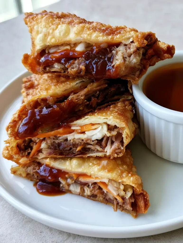 Close-up of the mahogany BBQ sauce coated filling inside a BBQ Pulled Pork Egg Roll.