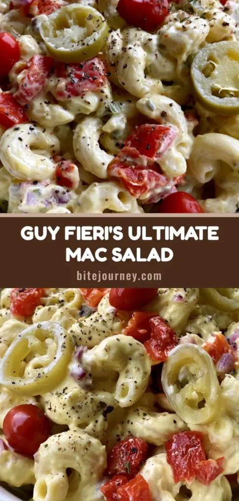 A tall Pinterest pin showing a close-up of Guy Fieri Macaroni Salad in a white bowl with red peppadews and green pepperoncini.