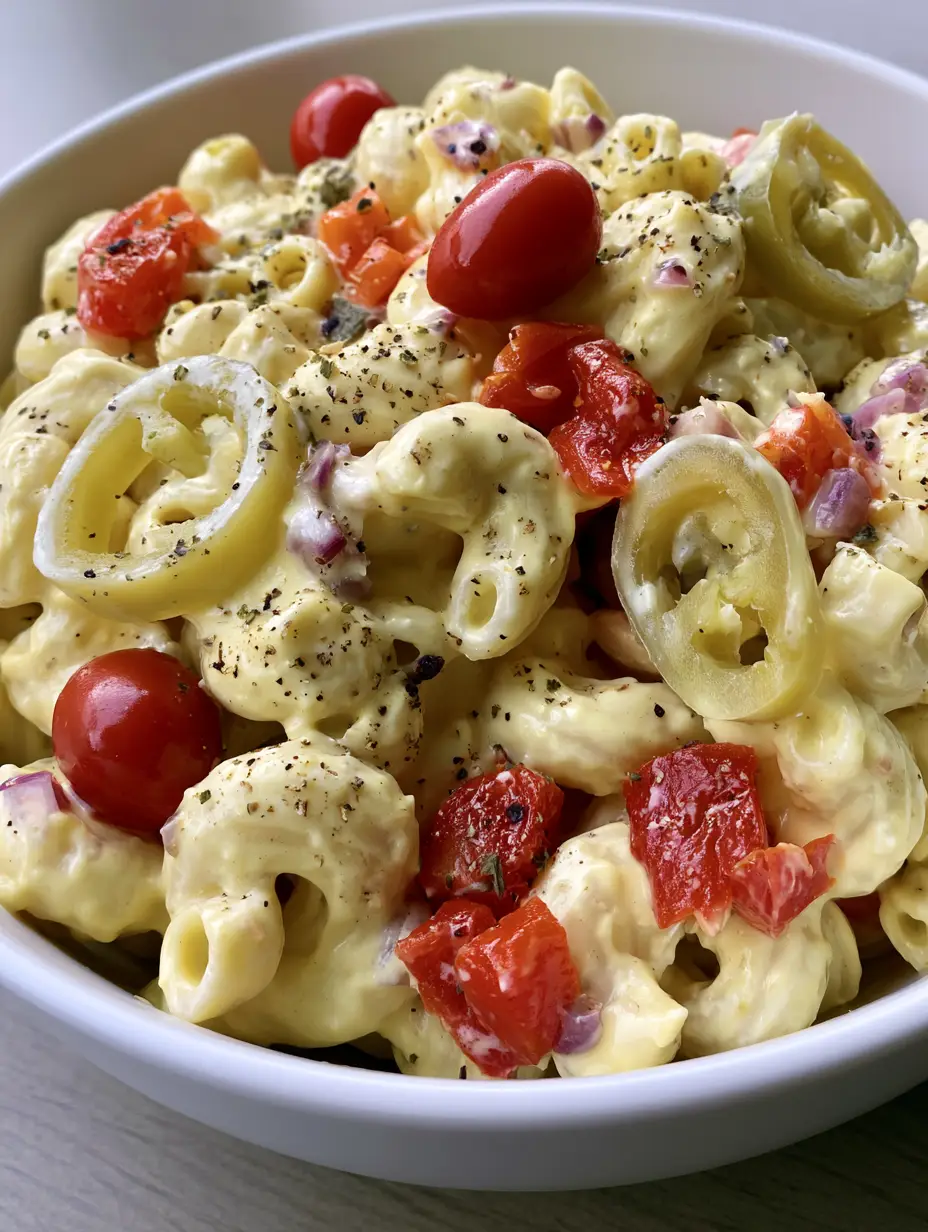 A handheld smartphone photo of a large white bowl filled with creamy Guy Fieri Macaroni Salad, featuring roasted peppers and red onions.