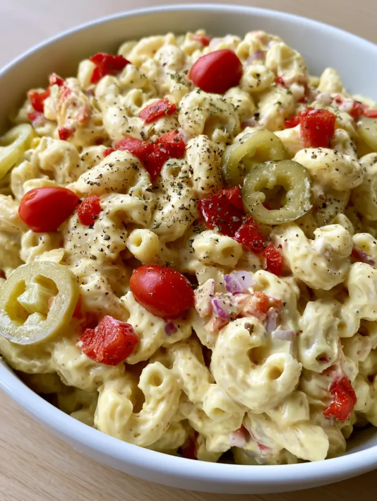 Close-up of the dressing texture and whole peppadew peppers in the Guy Fieri Macaroni Salad.