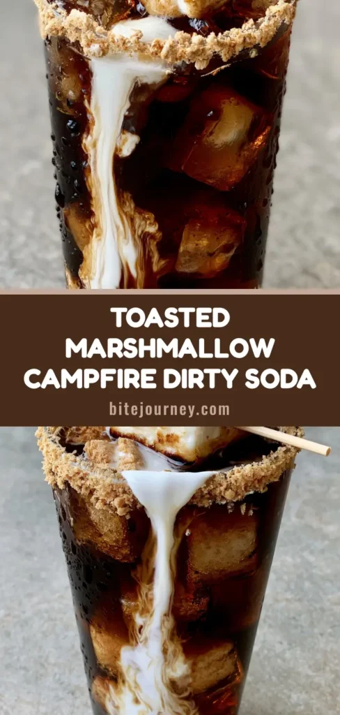 A tall glass of Campfire Cola Dirty Soda with a marbled heavy cream swirl, graham cracker rim, and a charred marshmallow on a skewer.