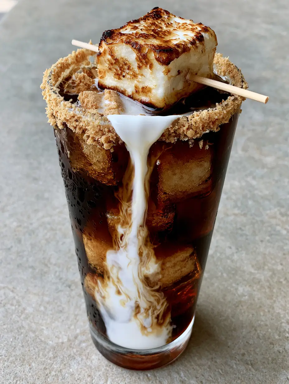 Close up of heavy cream pouring into a glass of Campfire Cola Dirty Soda creating a marbling effect.