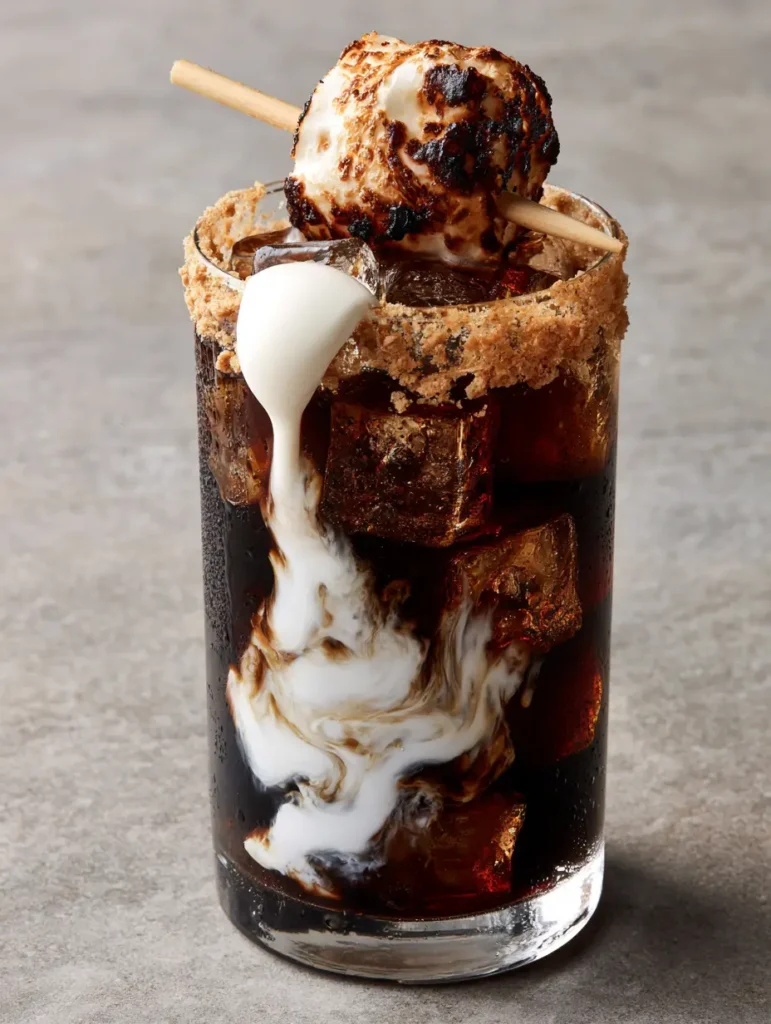 Smartphone photo of the finished Campfire Cola Dirty Soda on a grey stone surface with condensation on the glass.