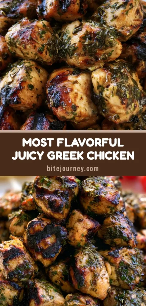 A tall mound of grilled Greek chicken cubes with dark char marks and dried oregano flecks on a white platter. (Greek Chicken Marinade)