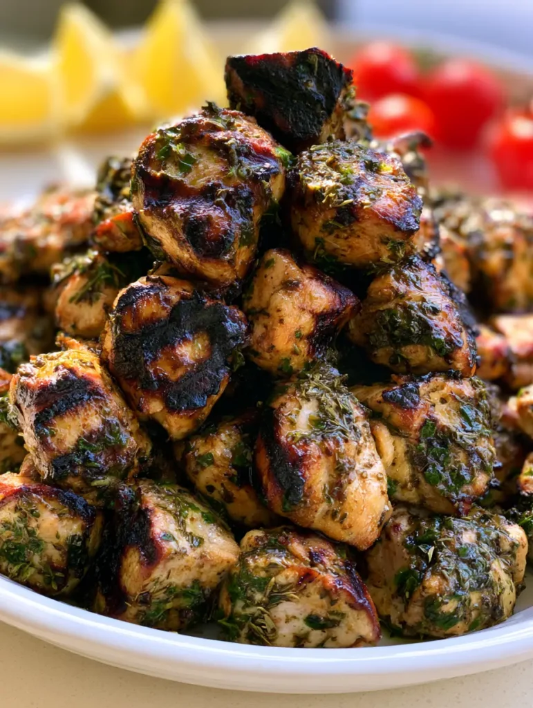 Close up of bite-sized grilled chicken cubes showing a glistening surface and heavy green herb flecks. (Greek Chicken Marinade)