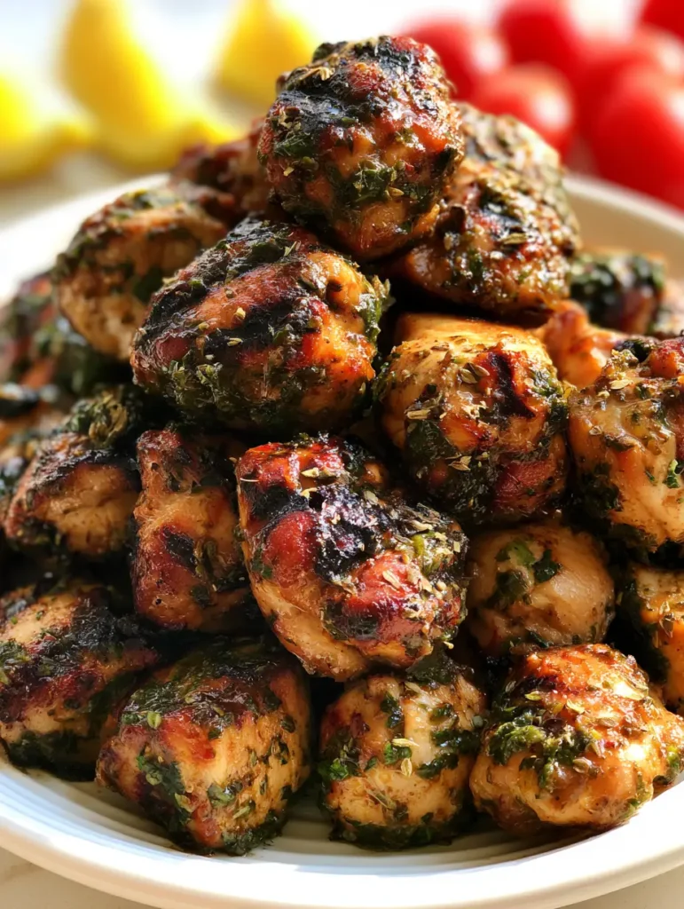 Grilled chicken pieces with deep brown char marks piled on a ceramic plate with lemon background.