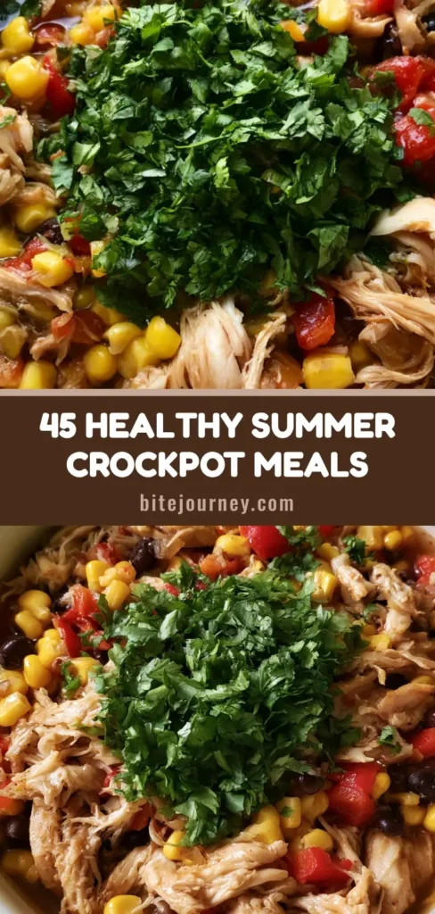 Summer Crockpot Recipes: Vibrant Shredded Chicken Fiesta 4 A top-down view of a circular white ceramic crockpot insert filled with a vibrant shredded chicken soup featuring yellow corn, black beans, and diced red peppers in a thin savory broth, heavily garnished with fresh green cilantro. (Summer Crockpot Recipes)