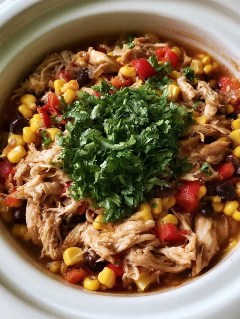 Summer Crockpot Recipes: Vibrant Shredded Chicken Fiesta 2 Close up shot of moist and stringy rotisserie-style shredded chicken mixed with bright yellow corn kernels and black beans in a slow cooker. (Summer Crockpot Recipes)