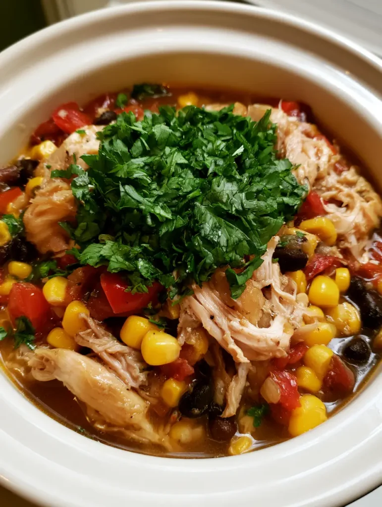 Summer Crockpot Recipes: Vibrant Shredded Chicken Fiesta 1 A handheld smartphone photo of a white ceramic crockpot insert filled with colorful red peppers, yellow corn, black beans, and shredded chicken in a thin savory broth with a heavy cilantro center garnish.