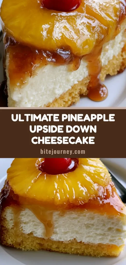 Pineapple Upside Down Cheesecake Cake: The Ultimate Layered Dessert 4 A tall, beautiful slice of Pineapple Upside Down Cheesecake Cake showing the layered sponge, creamy cheesecake, and caramelized pineapple top with a cherry.