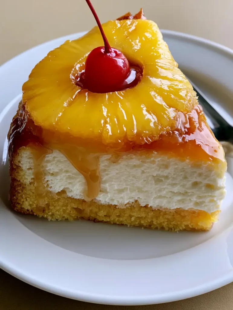 High-angle shot of a slice of Pineapple Upside Down Cheesecake Cake on a white plate with a glossy amber glaze dripping down the sides.