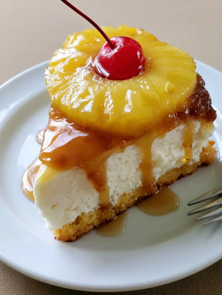 Pineapple Upside Down Cheesecake Cake: The Ultimate Layered Dessert 1 Close up of the creamy vanilla cheesecake layer and caramelized pineapple ring of the Pineapple Upside Down Cheesecake Cake.