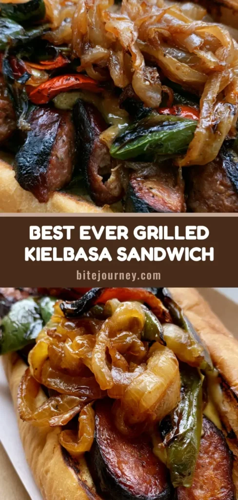 A high-angle photo of a Grilled Kielbasa Sandwich on a toasted hoagie with charred peppers and caramelized onions.