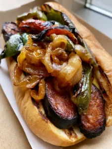 Close up of charred beef kielbasa slices inside a toasted golden brown hoagie bun. (Grilled Kielbasa Sandwich)