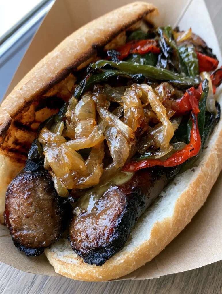 A Grilled Kielbasa Sandwich topped with vibrant red and green charred peppers and honey mustard.