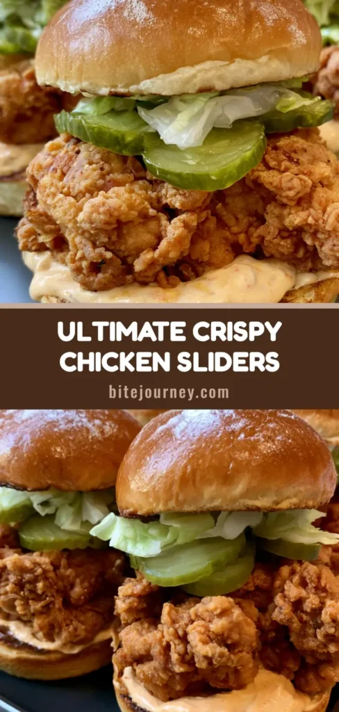 Three Crispy Fried Chicken Sliders on a dark platter featuring toasted brioche buns, craggy fried chicken, spicy mayo, pickles, and lettuce.