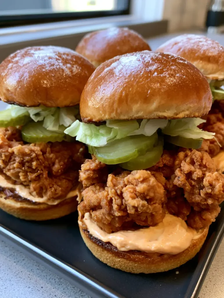 Handheld photo of three Crispy Fried Chicken Sliders with golden-brown breading and orange sauce on a dark platter.