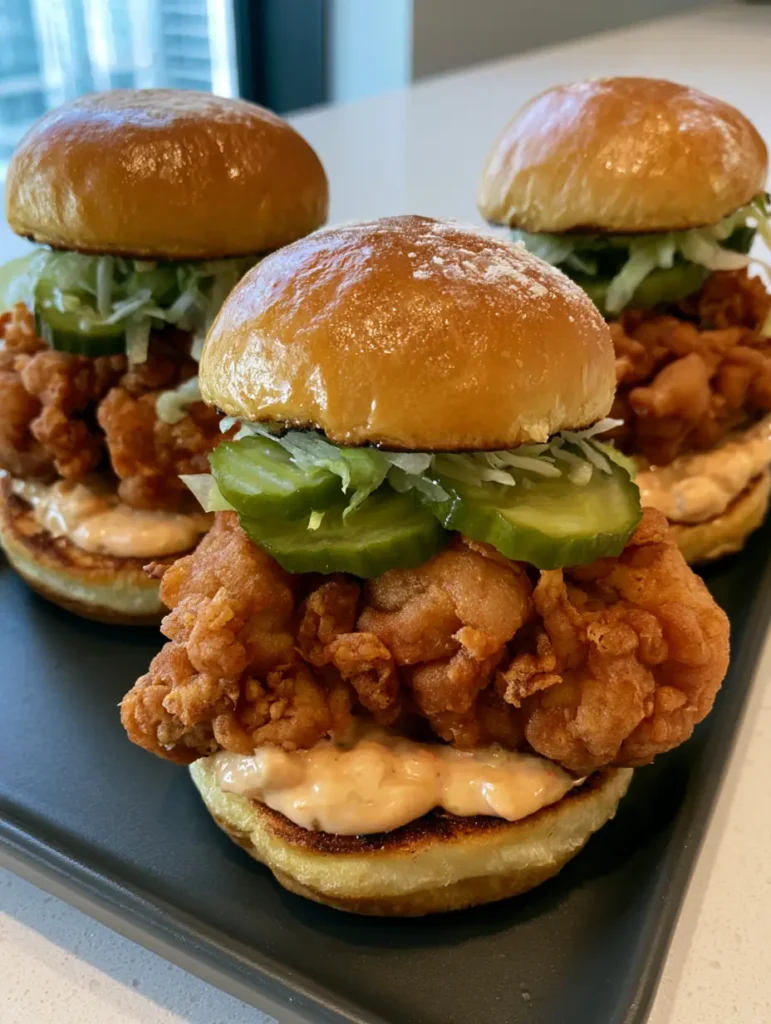 A close up view of three Crispy Fried Chicken Sliders showing the layers of pickles and shredded iceberg lettuce.